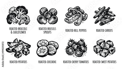 Roasted vegetable medley collection with broccoli cauliflower brussels sprouts bell peppers carrots potatoes zucchini tomatoes and sweet potatoes