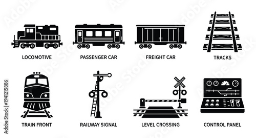 Railway transport icons black silhouettes of locomotive freight and passenger cars tracks and signals