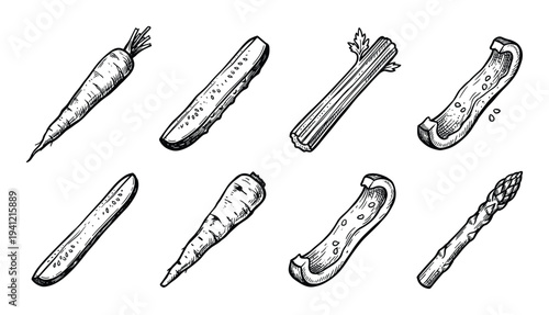 Selection of cut vegetables and asparagus spears in a realistic sketchy style including carrot cucumber celery bell pepper