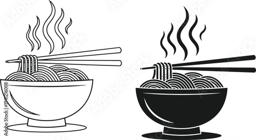 Hot ramen noodle bowl with chopsticks, steaming Asian food icon, line and solid style, Japanese cuisine illustration, noodle soup symbolHot ramen noodle bowl with chopsticks, steaming Asian 