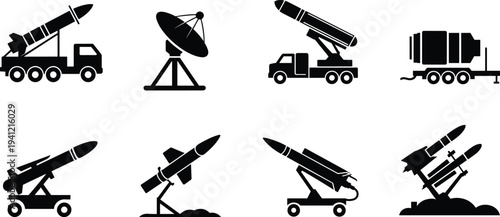 Collection of military missile launcher silhouettes, rocket systems, radar dish, air defense vehicles isolated on white background vector