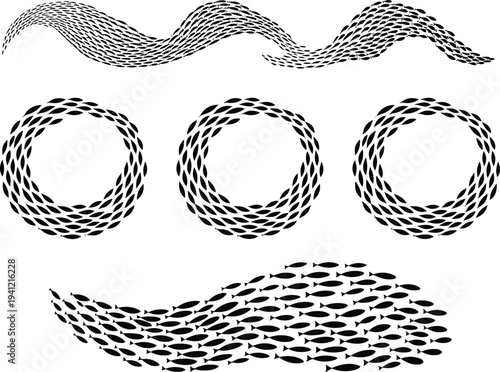 School of fish abstract shapes collection, marine life swarm patterns, ocean wildlife silhouettes, aquatic movement illustration set