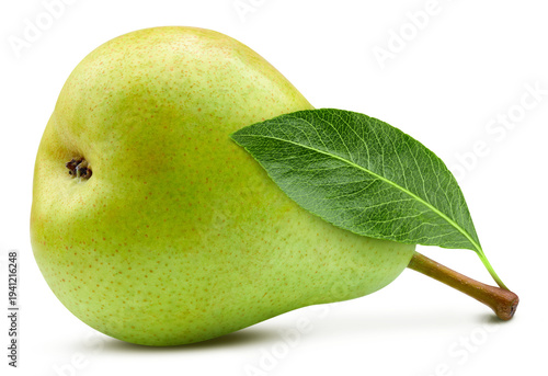 Green pear with a leaf isolated on transparent. Pear PNG