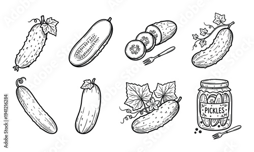 Set of hand drawn cucumber icons isolated on transparent background