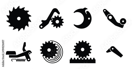 Set of isolated black silhouettes of industrial machine parts and gears on transparent background