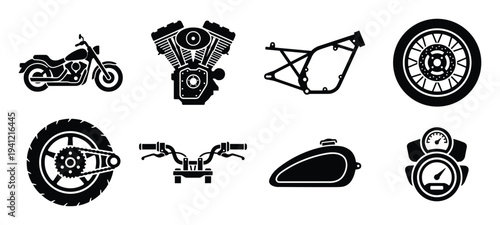 Set of motorcycle parts and elements isolated on transparent background for design