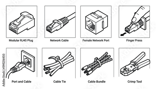 Set of network cable connection elements including RJ45 plug and port illustrations
