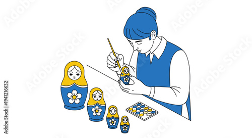Artist Painting Traditional Russian Matryoshka Dolls.