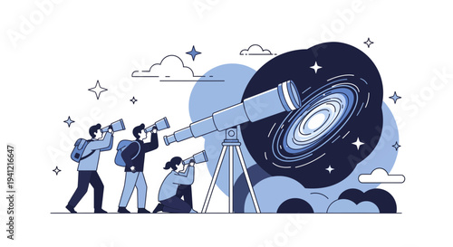 Astronomers Observing Galaxy Through Telescope Together.