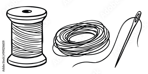Thread spool, loose thread pile, and sewing needle illustrations for craft and textile projects