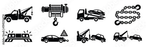 Tow truck service icons set including vehicle winch chain and emergency signals