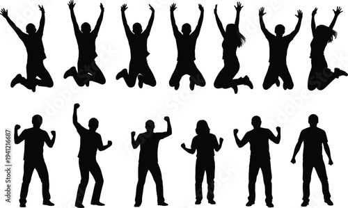 People jumping celebrating silhouettes set, happy victory poses, success achievement concept, energetic crowd celebration vector illustration pack