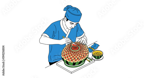 Chef Decorating Cake with Icing.