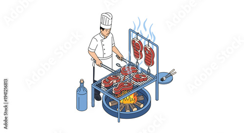 Chef Grilling Meat on Barbecue Outdoor.