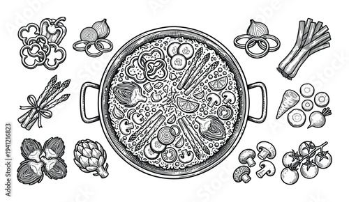 Vegetarian paella with ingredients. traditional spanish dish, top view. hand drawn sketch style vector illustration