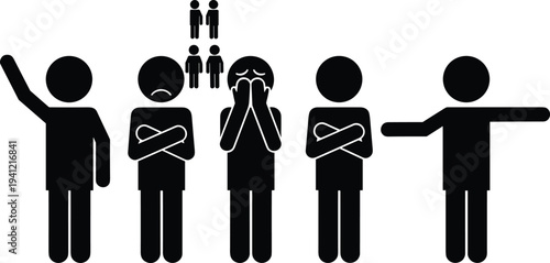 Social anxiety and rejection concept, sad isolated person among group, loneliness and exclusion symbol, mental health awareness vector illustration