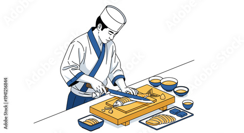 Chef Preparing Sushi on Wooden Board.