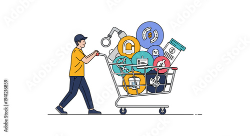 Delivery Man Pushing Shopping Cart with Electronic Devices.