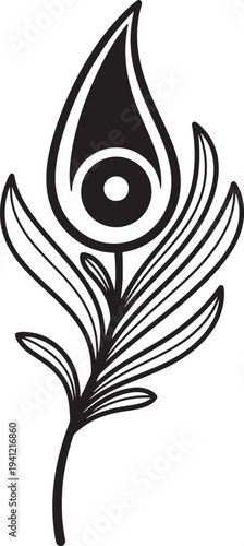 Black and white stylized flower with teardrop shaped petals and circular center also transparent background