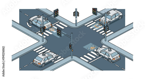 Crossroads with Traffic Lights and Vehicles.