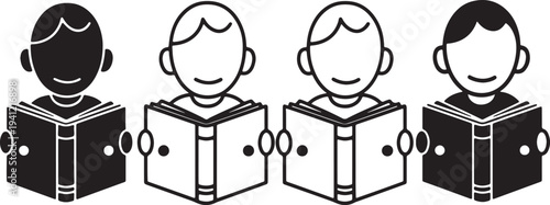 Four cartoon children with different skin tones standing behind open books connected by circles on white background also transparent background
