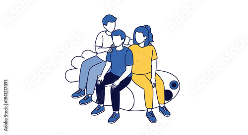Illustration of three people sitting together relaxed.