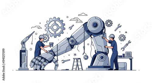Industrial Robot Arm Maintenance by Workers.