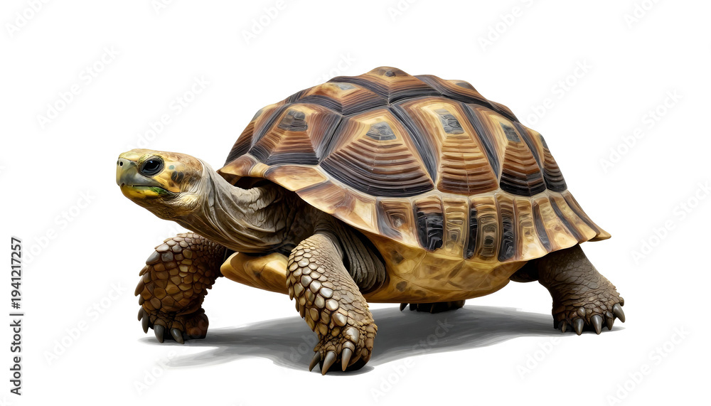 Fototapeta premium Detailed close-up of a large tortoise with a textured shell walking on a white background