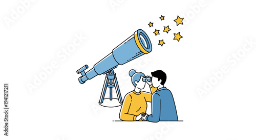 Man and Child Stargazing with Telescope.