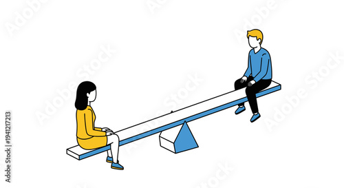 Man and Woman on Unbalanced Seesaw.