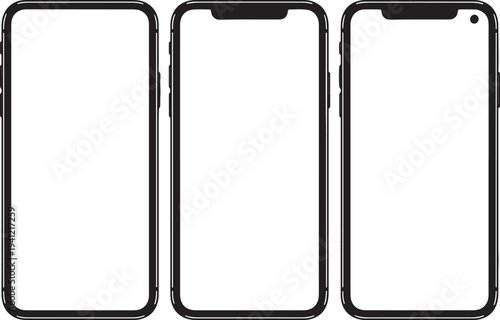 Three blank smartphones with black frames on white background also transparent background blank screens