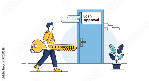 Man Carrying Coin Approaching Loan Approval Door.