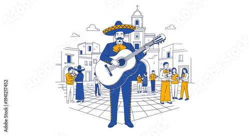 Man Playing Guitar in Traditional Mexican Clothing.