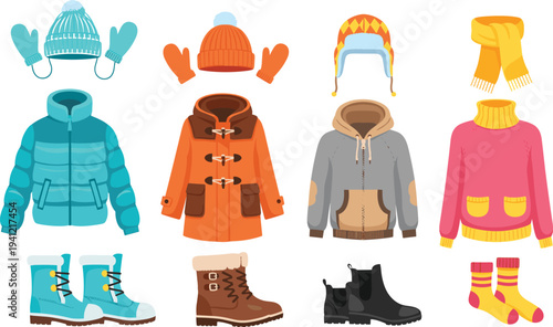Winter clothing collection set, warm jacket hat gloves scarf boots socks, cold season fashion items, cozy apparel vector illustration