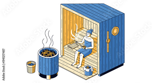 Man Relaxing in Sauna with Bucket.