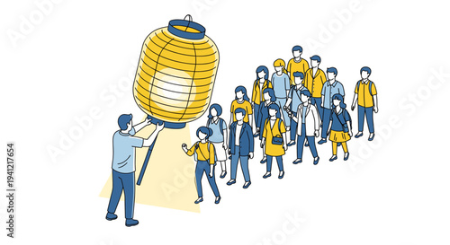 People Carrying Large Yellow Lantern Together.