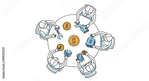 People sitting around table with cryptocurrency.