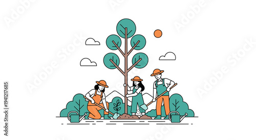 People Planting Tree Together Illustration.