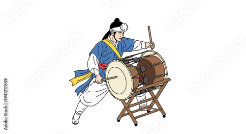 Traditional Korean Drummer Playing Janggu Drum.
