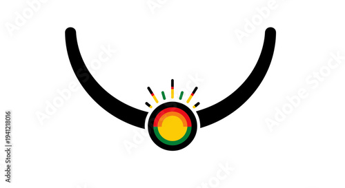 Stylized arc with radiant emblem displaying vibrant red yellow green hues on white
