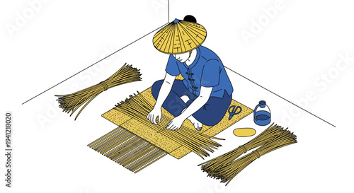 Woman Weaving Straw Hat Traditional Craft.