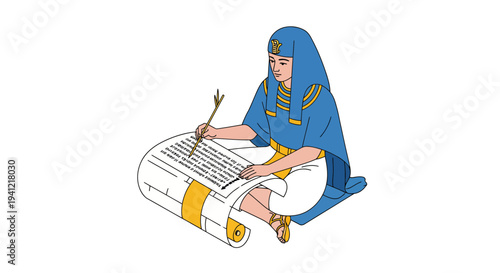 Woman Writing on Ancient Scroll.