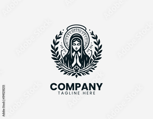 Praying woman with halo and floral vines in clean modern spiritual vector illustration