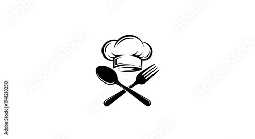 Classic chef hat with crossed spoon and fork emblem symbolizing culinary arts and dining