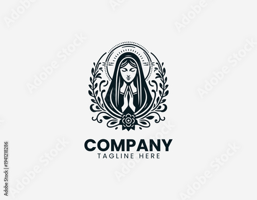 Praying woman with halo and floral vines in clean modern spiritual vector illustration