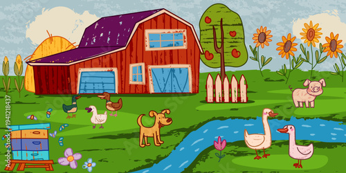 Doodle crayon garden scene with river, barn with wooden fence and beehive, cute animal characters. Colorful farm landscape vector cartton illustration, hand drawn texture, corn and sunflowers
