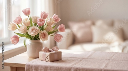 Elegant bouquet of pink tulips in vase beside gift box on table  