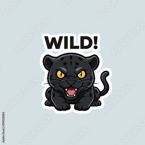 Angry wild black panther cub cartoon sticker with fierce expression and wild text isolated on light background for animal character design