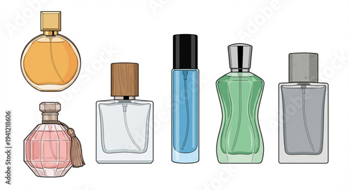 Elegant Collection of Fragrance Bottles Illustrating Diverse Perfume and Cologne Designs for Beauty and Personal Care Products