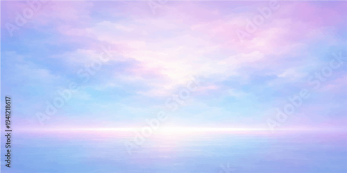 Beautiful summer landscape featuring a bright sun over the blue sky and sea with white clouds reflecting on the calm ocean water at the horizon during a peaceful day in nature